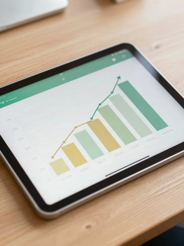 A clean close-up of a digital tablet showing growth charts on a wooden desk, warm daylight, soft corporate green and gold tones