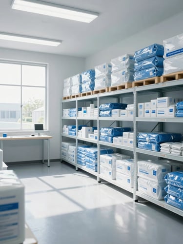 A bright, highly organized warehouse interior in Kanagawa, clean shelves with packaged goods, daylight streaming through windows, 35mm professional photography