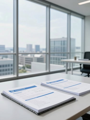 A bright, modern logistics office in Kanagawa, with clean glass windows, professional business documents on a slate table, cool blue tones, 35mm photography