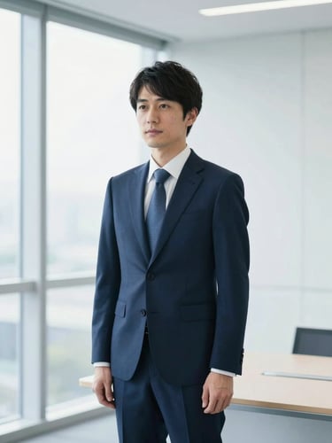A professional Japanese representative in a modern, bright corporate meeting room, wearing a tailored navy suit, looking confident and reliable, soft natural light, 35mm