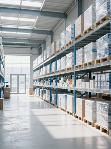 Bright, highly organized modern warehouse interior, clean logistics hub with shelves and packaged goods, cool blue and white tones, natural daylight, 35mm photography