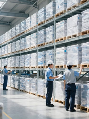 A bright, clean, modern logistics warehouse in Japan with organized shelves and professional staff managing inventory under natural daylight, 35mm photography.