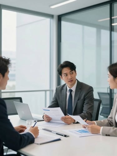 Bright modern corporate office meeting room with clean glass walls, professional business partners discussing logistics plans over documents, cool blue and white tones, natural daylight
