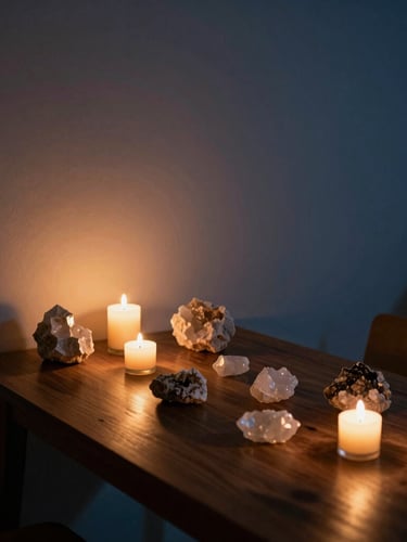 A cozy, clean consultation room in Manila with warm candlelight, low-key shadows, a wooden table with raw crystal specimens, and soft natural textures