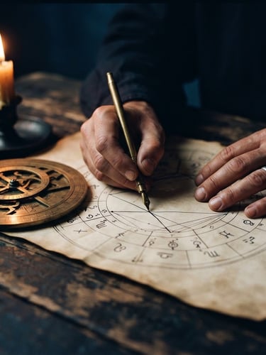 Moody close-up of hands drawing a birth chart with a brass astrolabe under warm candlelight, dark textured surface, low-key dramatic lighting, 35mm