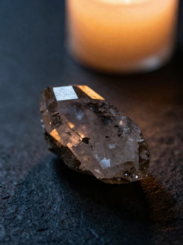 Macro close-up of a raw, smoky quartz crystal specimen on a dark textured stone surface, dramatic side-lighting, warm candle shadow, 35mm photography