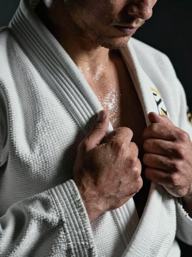 Dramatic close-up of a BJJ athlete gripping a thick white gi lapel with both hands, sweat on knuckles, high-contrast side lighting, dark moody background