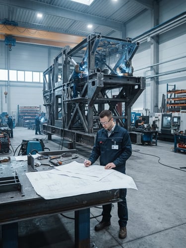 Wide shot of a large, complex industrial machine frame being fabricated in a clean, cool-toned shop, with an engineer reviewing blueprints in the foreground. Sharp industrial photography, desaturated steel and navy tones.