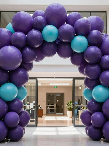 Wide vertical shot of a massive organic balloon installation in shades of deep purple and turquoise, framing a clean modern entryway with natural light, sharp focus
