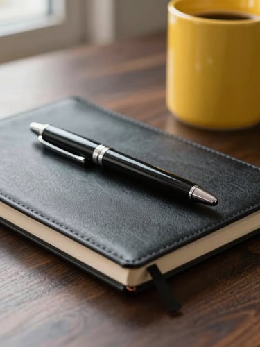Extreme close-up of a clean dark wooden desk with a black notebook, a high-end pen, and a single bright yellow coffee mug under sharp window light.