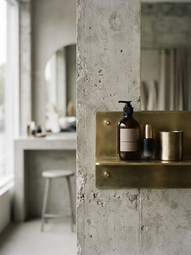 Architectural macro shot of a minimalist concrete and brass salon interior, soft natural window light, muted black and gold tones, 35mm film photography
