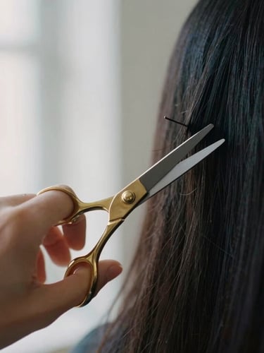 Extreme close-up of a stylist's hands using brass shears on dark hair, soft natural side lighting, shallow depth of field, minimalist aesthetic.