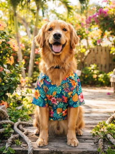 A happy golden retriever wearing a colorful tropical-print shirt, sitting outdoors in bright natural daylight, eye-level shot, vibrant warm tones.
