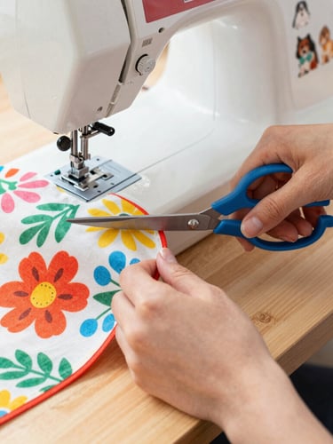 Close-up of hands carefully cutting colorful floral fabric with professional scissors on a wooden worktable, sewing machine and pet patterns visible.