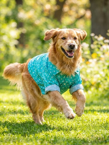 Vibrant lifestyle pet photography of a happy Golden Retriever running freely in a bright teal handmade cotton shirt on a sunny lawn, bright natural daylight, cheerful colorful tones, shallow depth of field, eye-level 50mm lens.