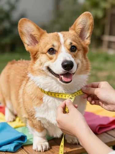 Eye-level close-up of hands carefully measuring a happy corgi with a soft yellow tape measure, bright natural daylight, colorful fabrics on a wooden table, shallow depth of field