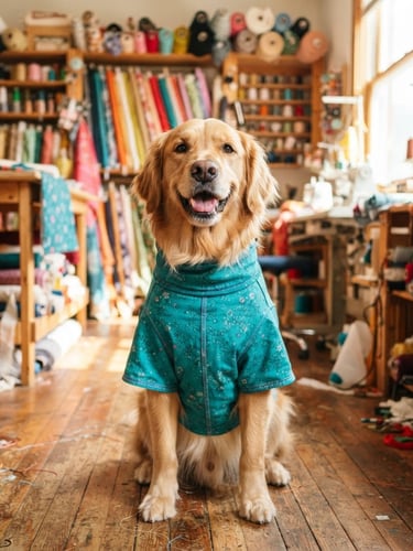 Eye-level shot of a happy Golden Retriever wearing a vibrant teal handmade shirt, sitting in a sunlit workshop with fabric rolls in the background.