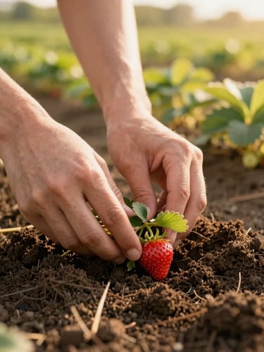 Close-up shot of hands planting a strawberry runner into rich dark soil, warm golden-hour sunlight, soft focus background of a green field