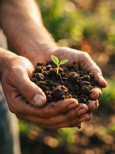 A close-up of hands holding fresh dark soil with a small green sprout, warm golden-hour sunlight, shallow depth of field