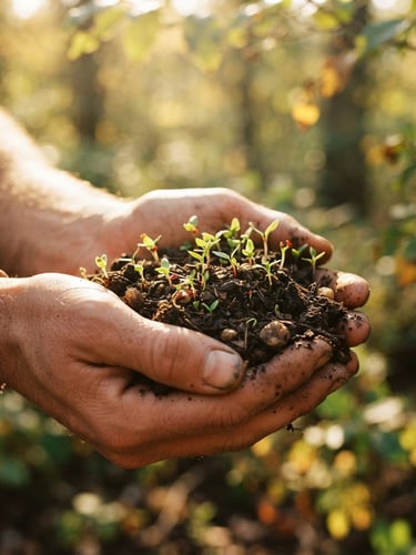 Medium-close shot of hands gently holding fresh soil with tiny green sprouts, warm golden-hour sunlight filtering through leaves, rich earthy tones, shallow depth of field