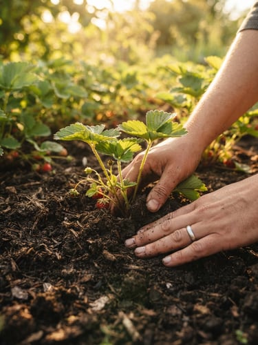 Close-up of hands gently pressing a young strawberry plant into rich, dark loam soil, warm golden-hour sunlight filtering through leaves, shallow depth of field.