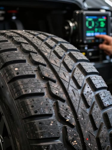 Extreme close-up of heat-cycled tyre tread and mechanics analyzing glowing telemetry screens in a dark pit garage, high contrast.