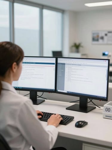 Over-shoulder view of a dental office manager at a front desk workstation, dual monitors showing a practice management software dashboard, clean clinical interior visible in background, neutral daylight through large windows