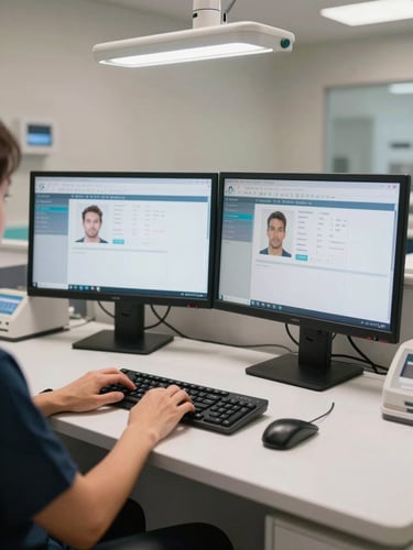 Wide shot of a dental practice front-desk workstation, dual monitors displaying patient management software, staff member's hands on keyboard, clinical overhead lighting, clean and organized desk surface, no visible faces