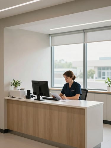 Wide environmental shot of a modern dental practice reception area, clean front desk with staff member reviewing patient intake on a monitor, neutral clinical daylight through large windows, calm and operational