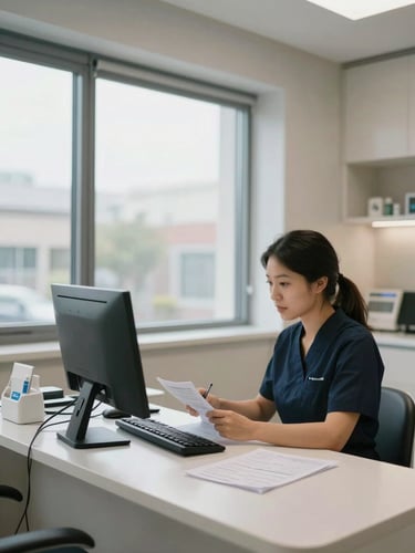 Wide shot of a modern dental practice front desk, staff member reviewing patient records on a desktop monitor, neutral clinical daylight through large windows, operational and calm, no faces visible