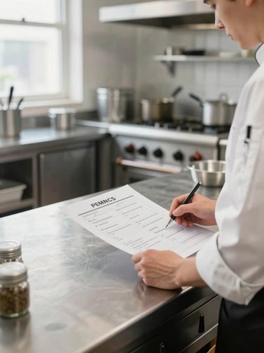 Clean commercial kitchen environment with organized stainless steel counters and a chef reviewing a process flowchart, daylight, 35mm