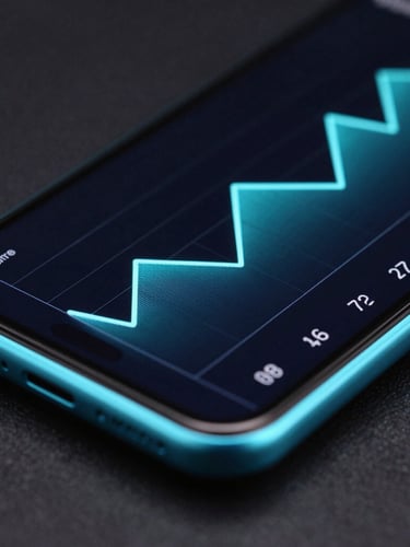 Sleek macro photography of a modern Android device screen showing a high-frequency performance graph, neon cyan rim lighting, dark studio setup