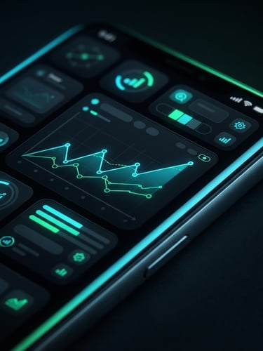 Sleek macro product photography of a modern Android phone screen displaying a dark-themed productivity interface, low-key dramatic studio lighting with cyan and green rim lights reflecting off the glass.