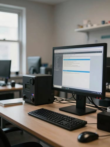 Wide shop-floor view to the right, a monitor in the foreground showing a terminal with a running diagnostic query, cables running along the baseboard, north-facing window light entering from the left, practical and unstaged