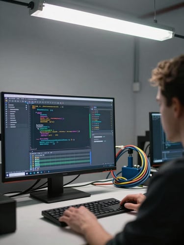 Wide over-the-shoulder view of a workbench, a monitor displaying a live SQL diagnostic query in the foreground, ethernet cables coiled mid-run to the right, shop fluorescent light overhead, utilitarian gray walls, no people visible