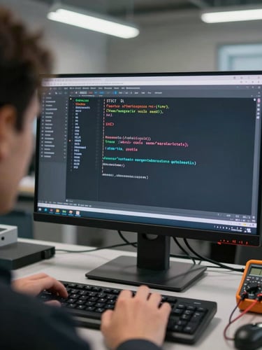 Close-up over-the-shoulder view of a monitor displaying a SQL diagnostic query mid-execution, hands resting on a keyboard at the lower frame edge, workbench surface visible with a multimeter to the right, practical fluorescent shop lighting, no studio softening