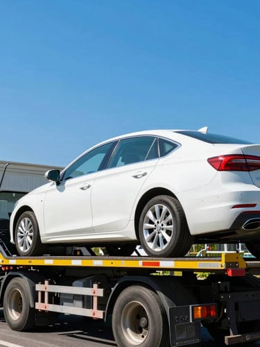 A professional car carrier truck being loaded with a clean modern sedan, bright daylight, realistic documentary style, vibrant colors
