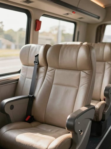 Modern luxury bus interior with spacious leather seats, warm morning sunlight filtering through the window, shallow depth of field, premium travel photography