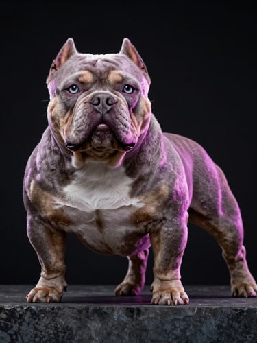 Low-angle high-contrast shot of a muscular lilac pocket American Bully standing proud on a dark concrete platform, dramatic neon orchid rim lighting, clean dark background.