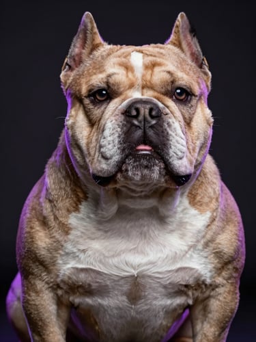 Close-up of a lilac pocket Bully showing a wide, powerful chest and clean breathing posture, high-contrast studio lighting with purple accents