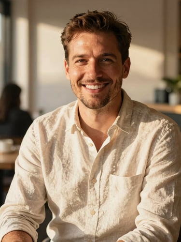 A warm, candid portrait of a friendly Australian mortgage broker in a smart-casual linen shirt, smiling, in a bright Adelaide cafe under natural golden hour sunlight