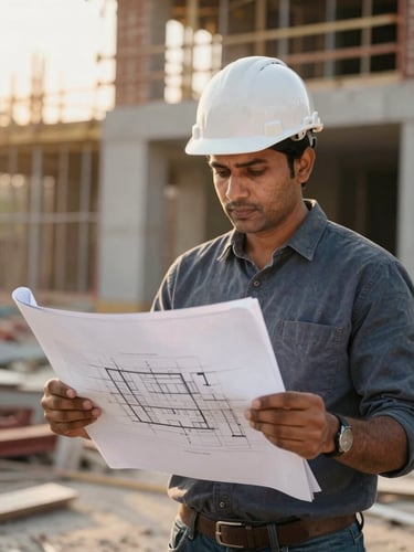 Manoj Dahal standing at a construction site, wearing a hard hat, reviewing architectural drawings held in both hands, natural golden-hour light from the left, partially built structure visible behind him, focus on the documents and hands, candid working posture — not posed
