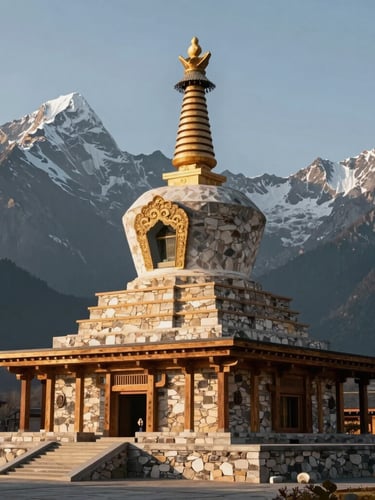 Architectural rendering of a modern Himalayan Buddhist stupa and cultural museum, stone and timber construction, dramatic mountain backdrop under golden hour light