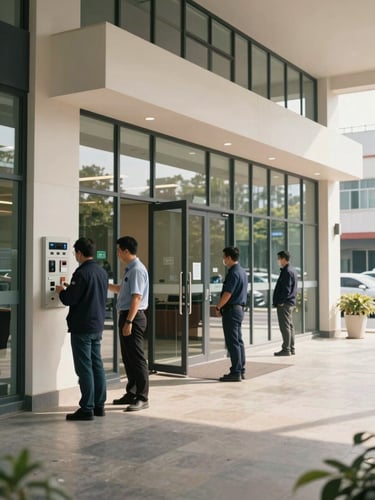 Wide environmental shot of a commercial building entry point at midday — security assessment in progress, consultant reviewing access control panel on the left third, open lobby sightlines extending to the right, natural daylight through glass facade, neutral interior tones, no people posing