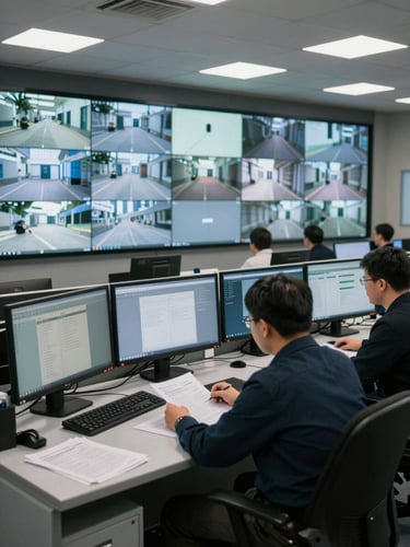 Interior of a security control room, monitors displaying entry-point feeds, operator seated at desk reviewing documentation, controlled office lighting, clear sightlines across the room