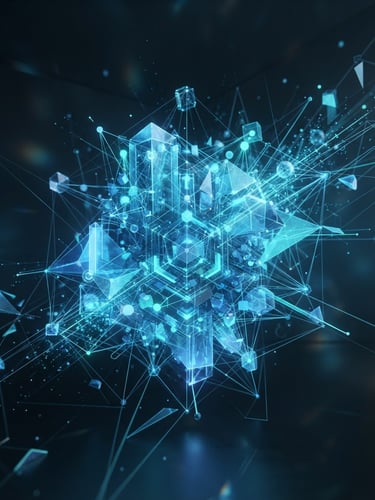Abstract 3D render of clean geometric data structures, cool blue and turquoise light, minimalist, high-end corporate aesthetic