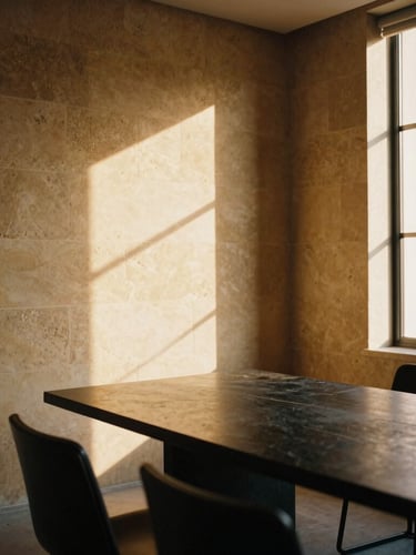 A quiet, warm-toned private office meeting room in Mexico City, rich sandstone walls, minimalist obsidian table, soft golden-hour California sunlight streaming through a large window, medium format film.