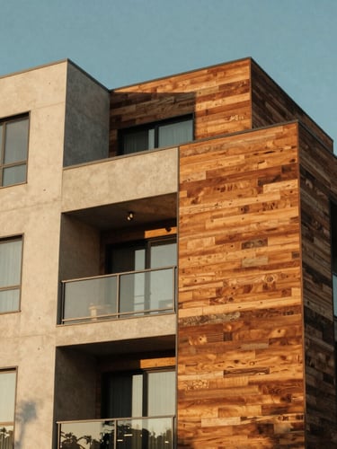 Architectural detail of a modern California multi-family residential building, clean concrete and warm wood facade, captured in warm golden-hour sunlight, medium format film style.
