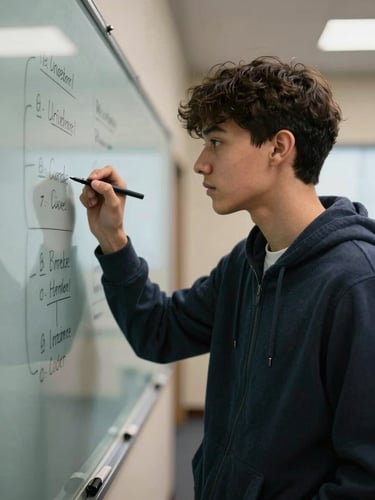 Candid portrait of a high school student writing strategies on a clean glass board during a committee meeting, dynamic side lighting, neutral background.