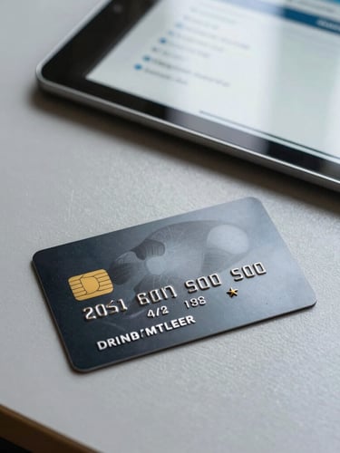 A crisp, high-contrast close-up of a sleek business credit card resting on a clean slate-gray desk next to a tablet displaying a positive Dun & Bradstreet credit score dashboard, bright natural daylight.